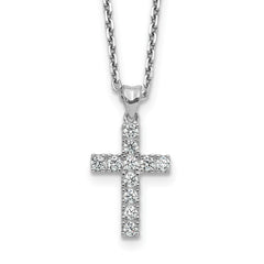 Sterling Shimmer Sterling Silver Rhodium-plated 2mm CZ 11 Stone Cross 16 inch with 2 inch Extension Necklace