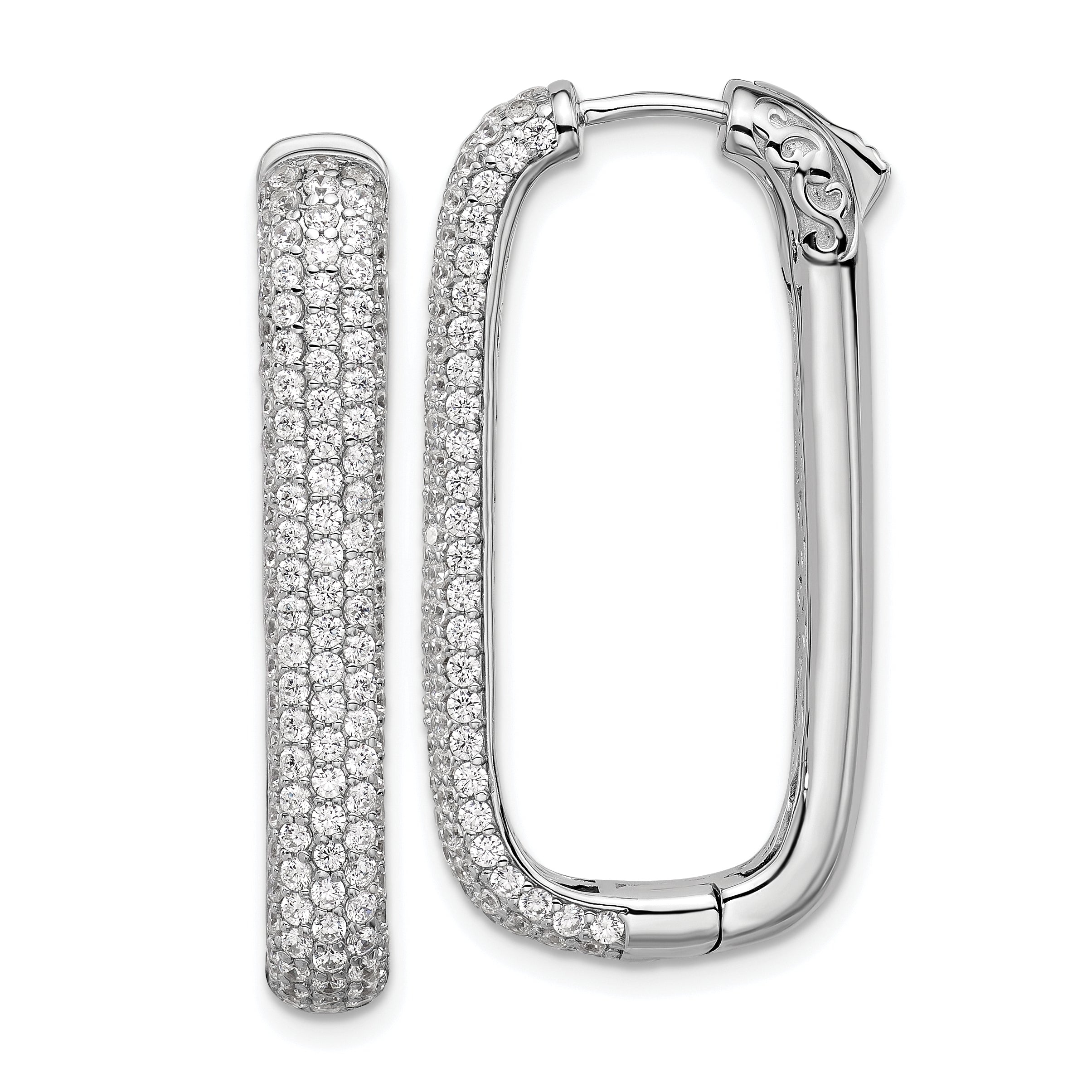 Sterling Shimmer Sterling Silver Rhodium-plated 1.3mm CZ 258 Stone Rectangle Hinged Hoop Earrings