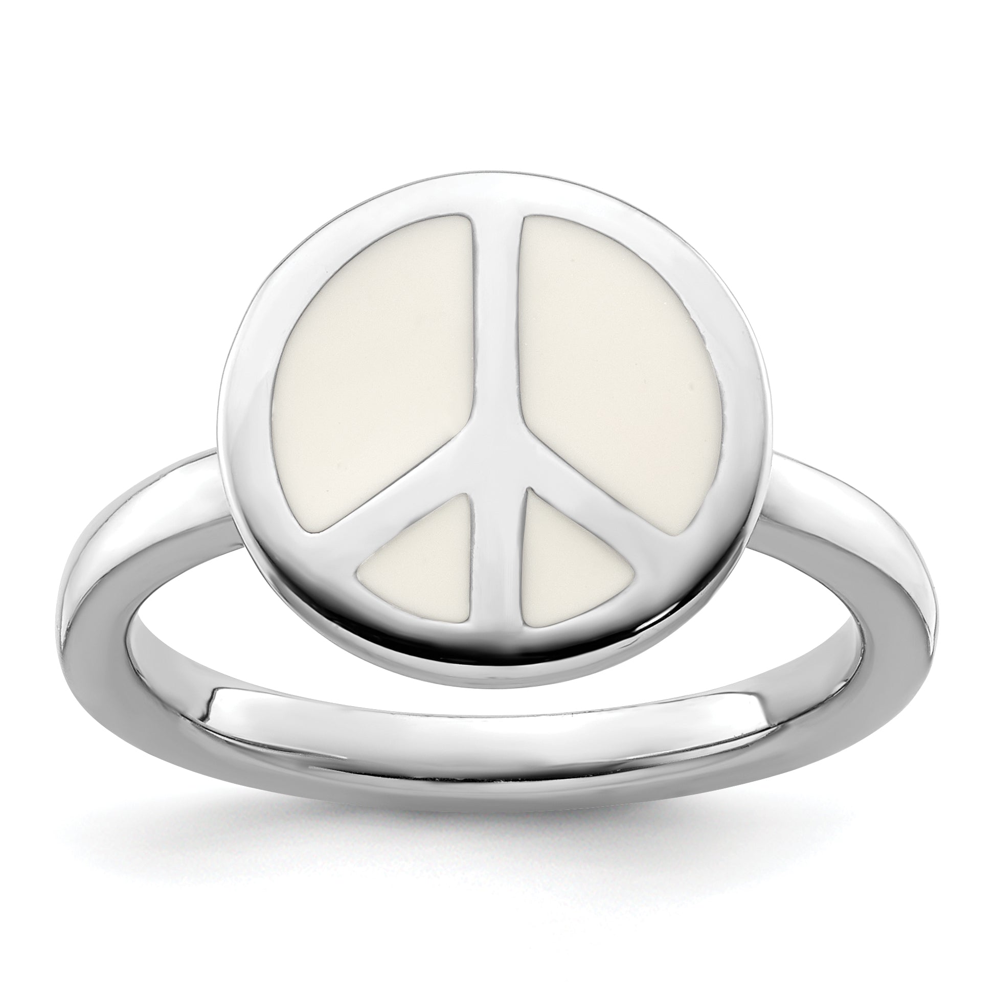 SS Stackable Expressions Polished White Enameled Peace Sign Ring