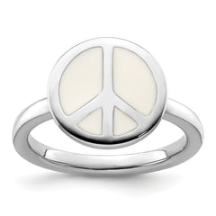 SS Stackable Expressions Polished White Enameled Peace Sign Ring