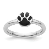Sterling Silver Stackable Expressions Black Enamel Pawprint Ring