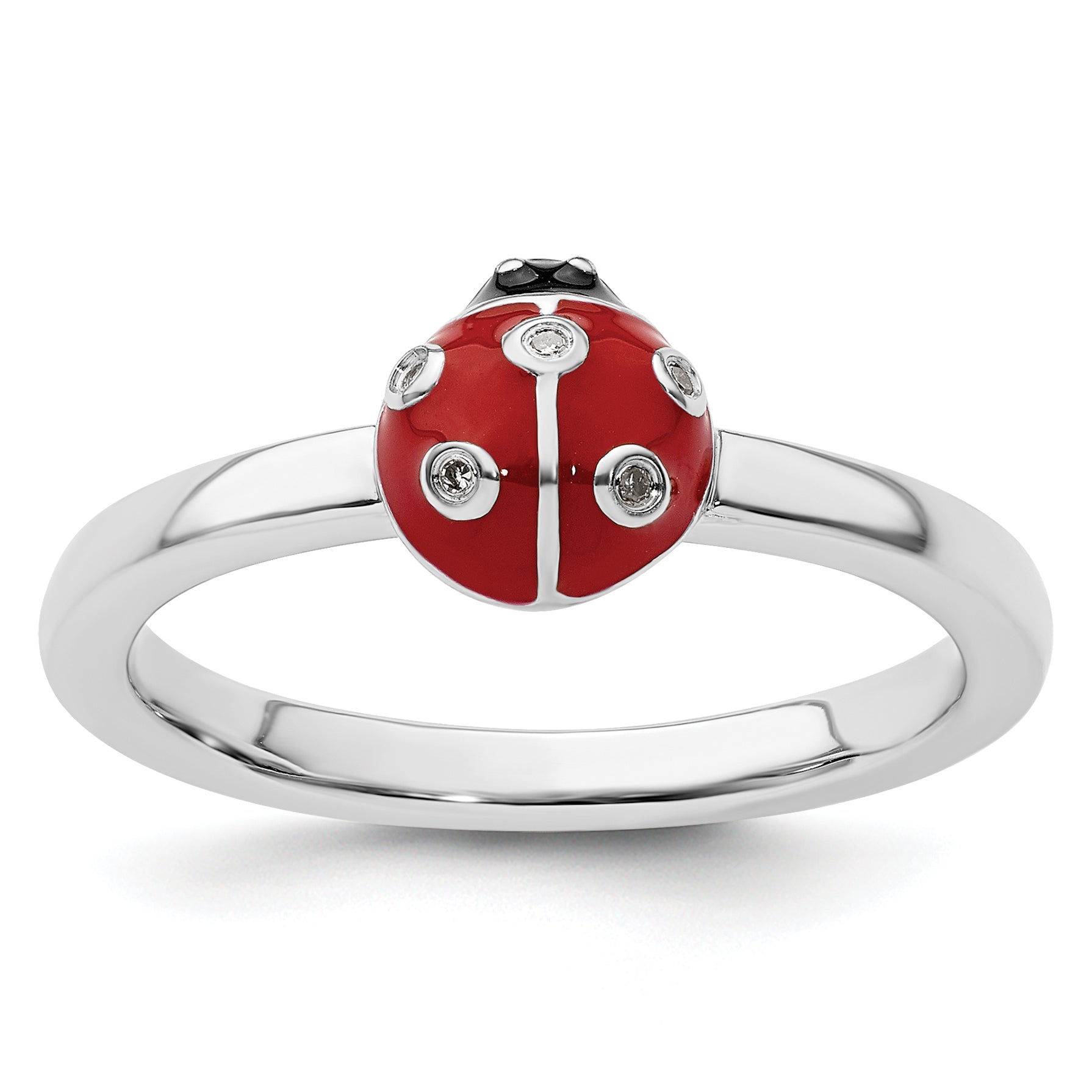 Sterling Silver Stackable Expressions Red /Blk Enamel Ladybug w/Diamond Rin