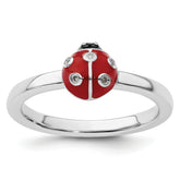 Sterling Silver Stackable Expressions Red /Blk Enamel Ladybug w/Diamond Rin