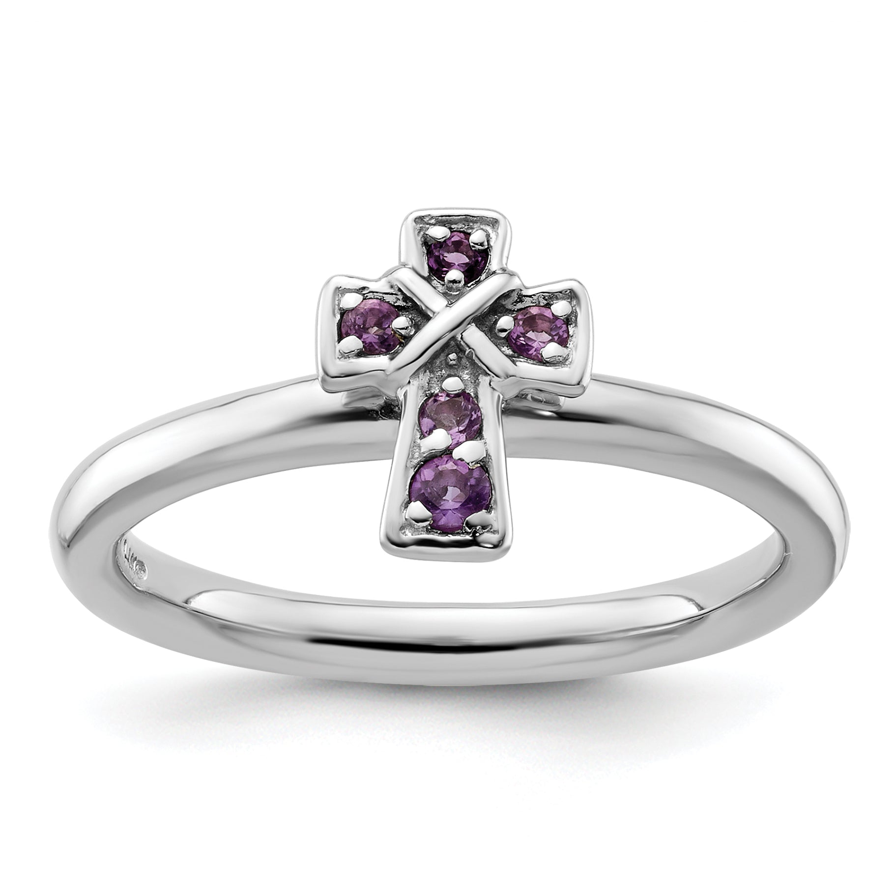 Sterling Silver Stackable Expressions Rhodium Amethyst Cross Ring