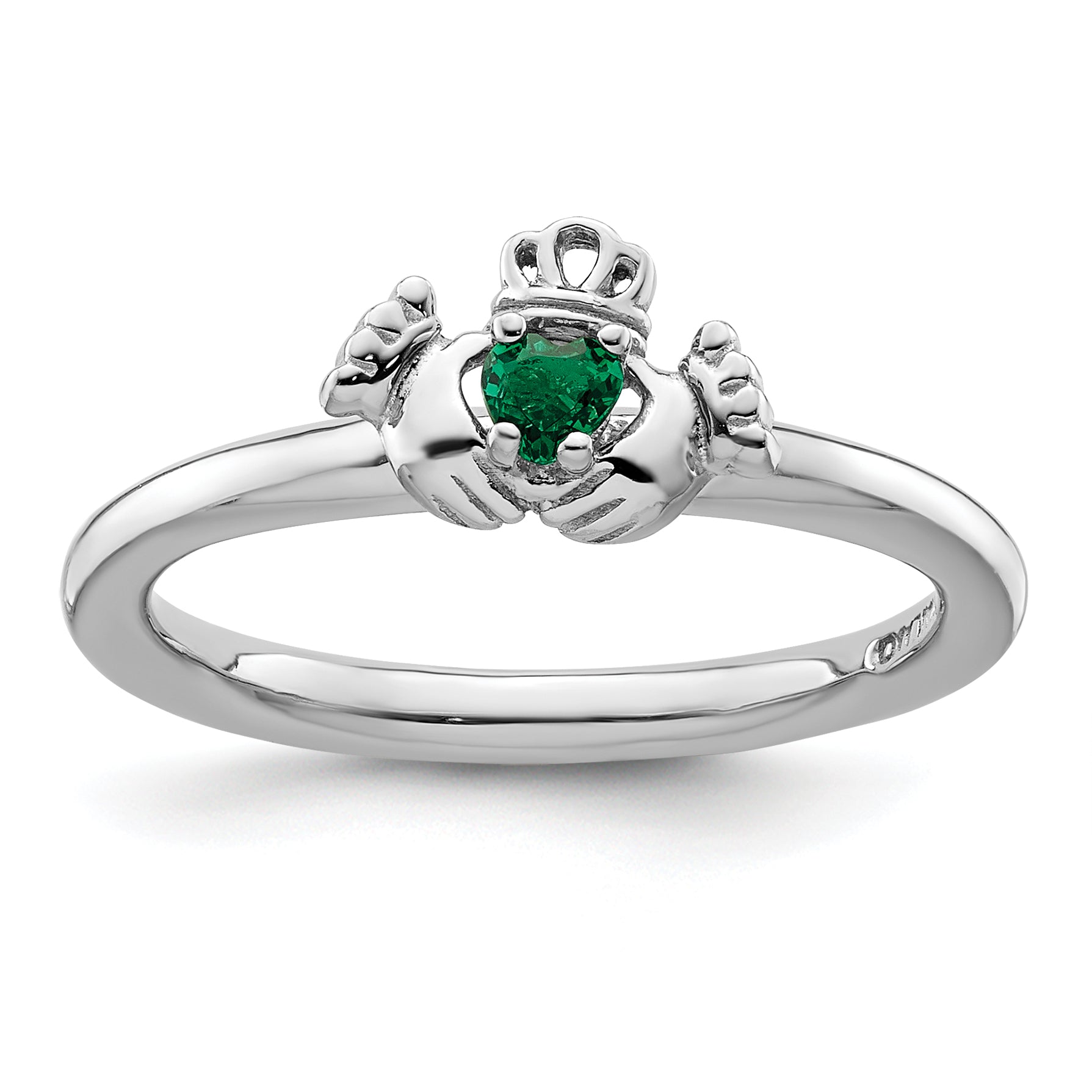 Sterling Silver Stackable Expressions Rhd. Cr. Emerald Claddagh Ring