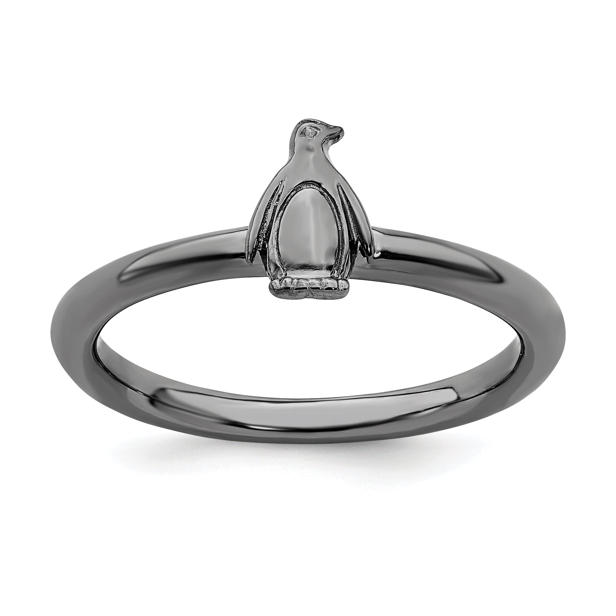 Sterling Silver Stackable Expressions Black-plated Penguin Ring