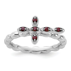Sterling Silver Stackable Expressions Rhodium-plated Garnet Cross Ring