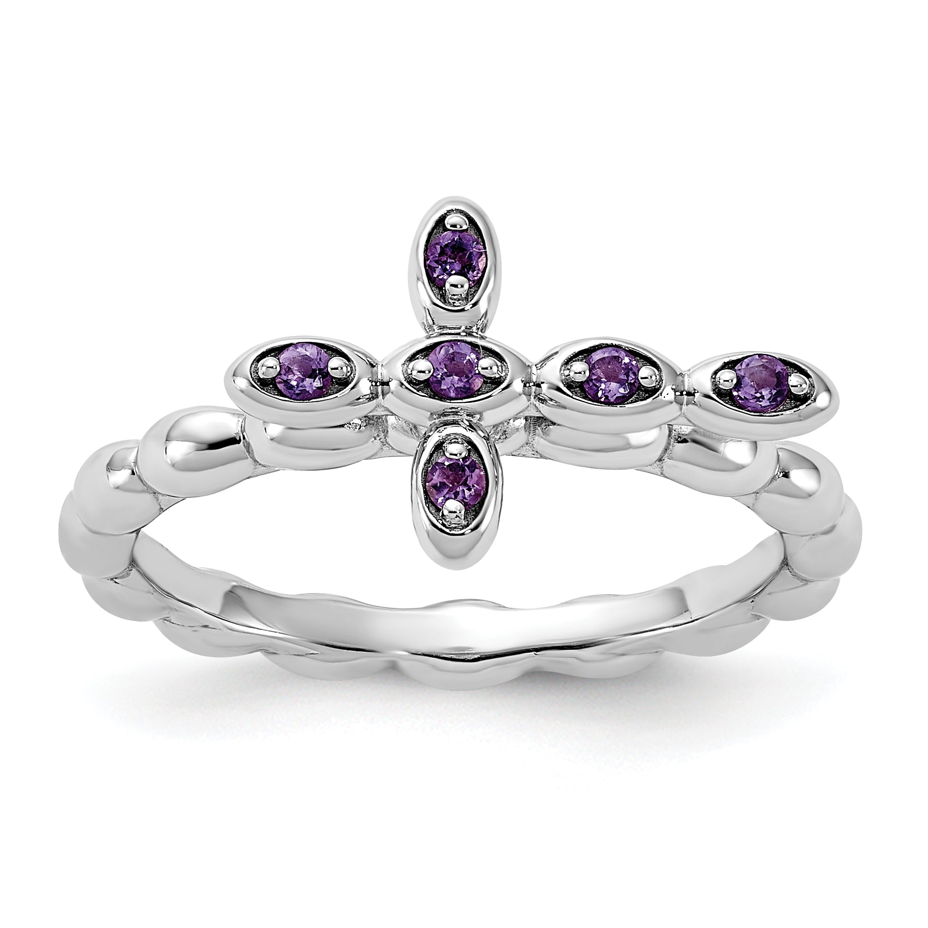 Sterling Silver Stackable Expressions Rhodium-plated Amethyst Cross Ring