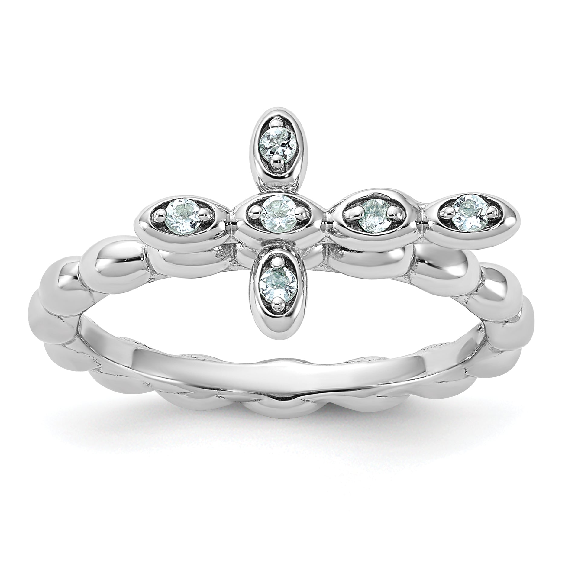 Sterling Silver Stackable Expressions Rhodium-plated Aquamarine Cross Ring