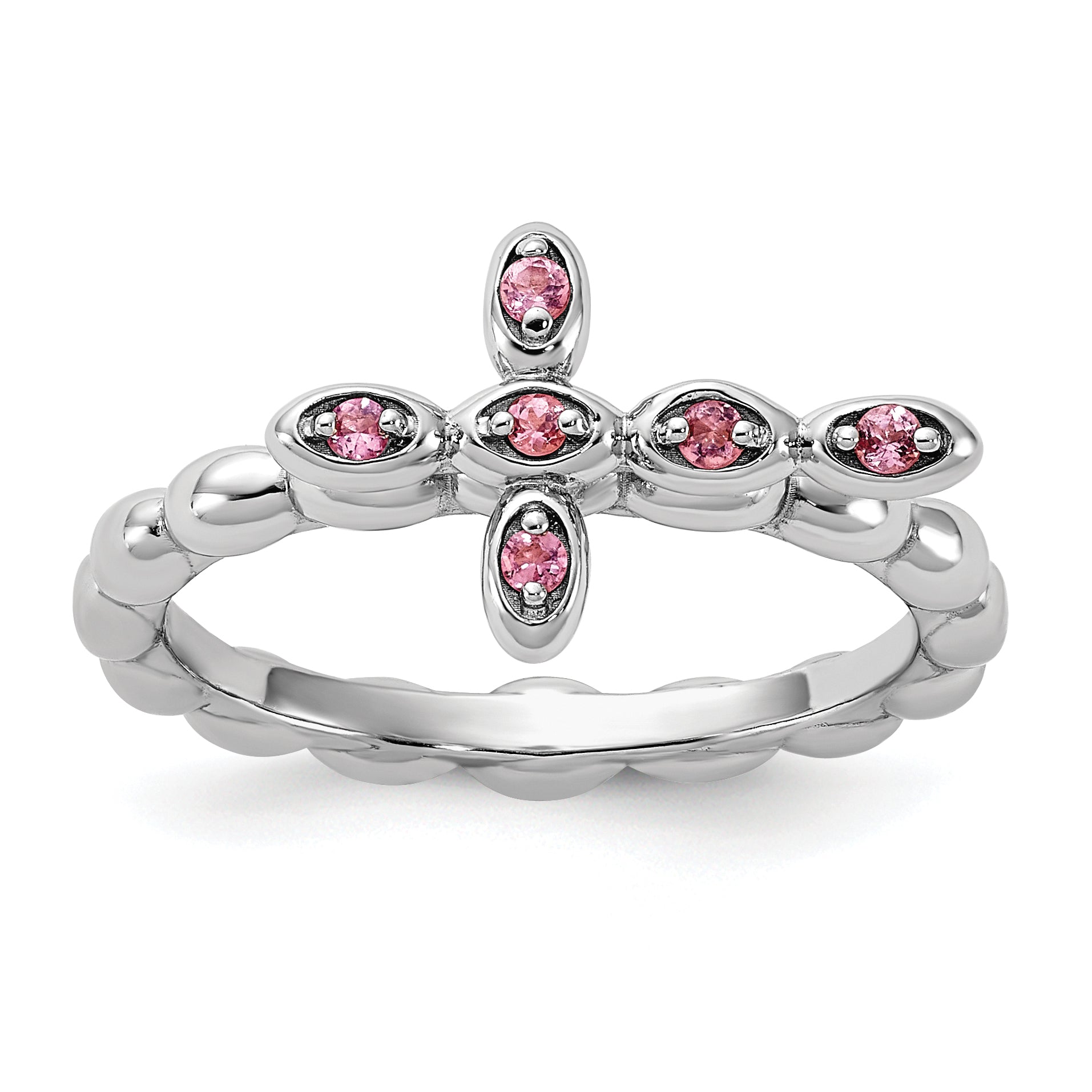 Sterling Silver Stackable Expressions Rhodium-plated Pink Tourmaline Cross Ring