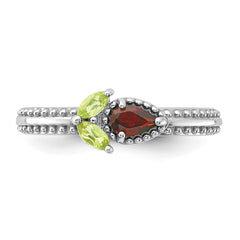 Sterling Silver Stackable Expressions Rhodium-plated Textured Garnet and Peridot Flower Ring