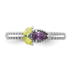 Sterling Silver Stackable Expressions Rhodium-plated Textured Amethyst and Peridot Flower Ring