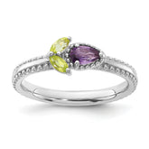 Sterling Silver Stackable Expressions Rhodium-plated Textured Amethyst and Peridot Flower Ring
