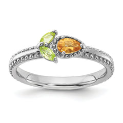 Sterling Silver Stackable Expressions Rhodium-plated Textured Citrine and Peridot Flower Ring
