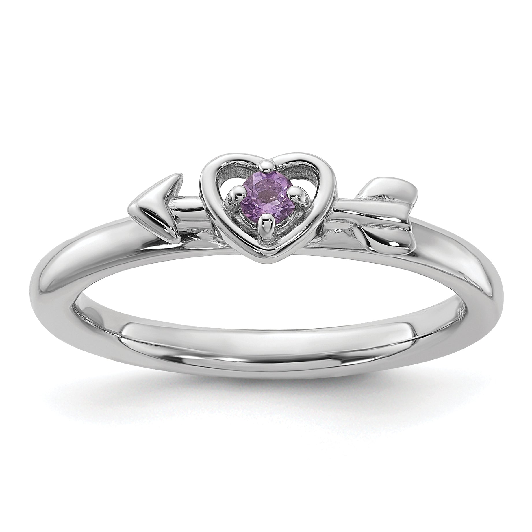 Sterling Silver Stackable Expressions Rhodium-plated Amethyst Heart with Arrow Ring