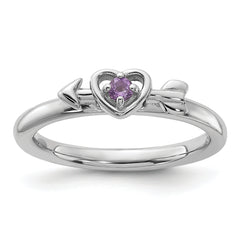 Sterling Silver Stackable Expressions Rhodium-plated Amethyst Heart with Arrow Ring