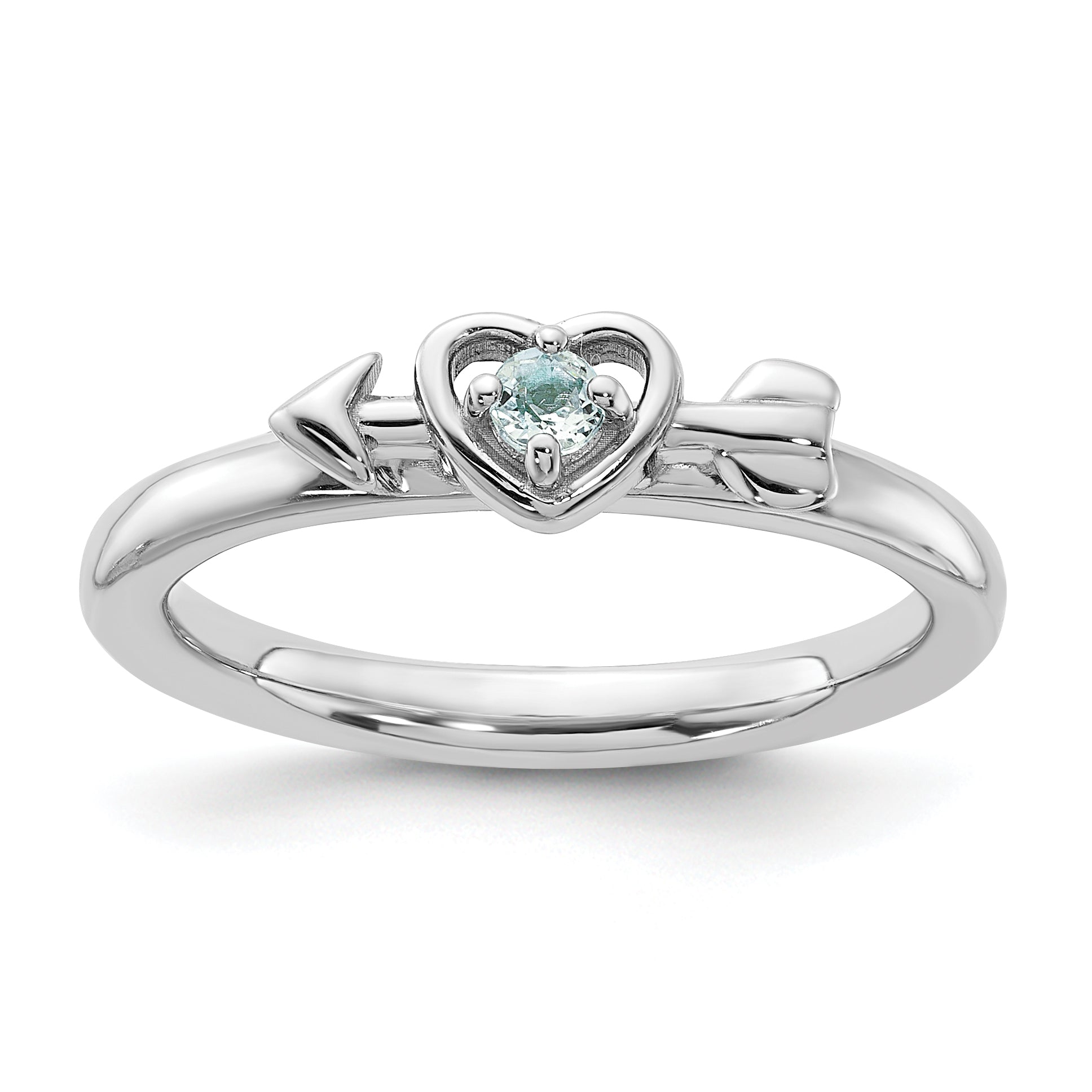 Sterling Silver Stackable Expressions Rhodium-plated Aquamarine Heart with Arrow Ring