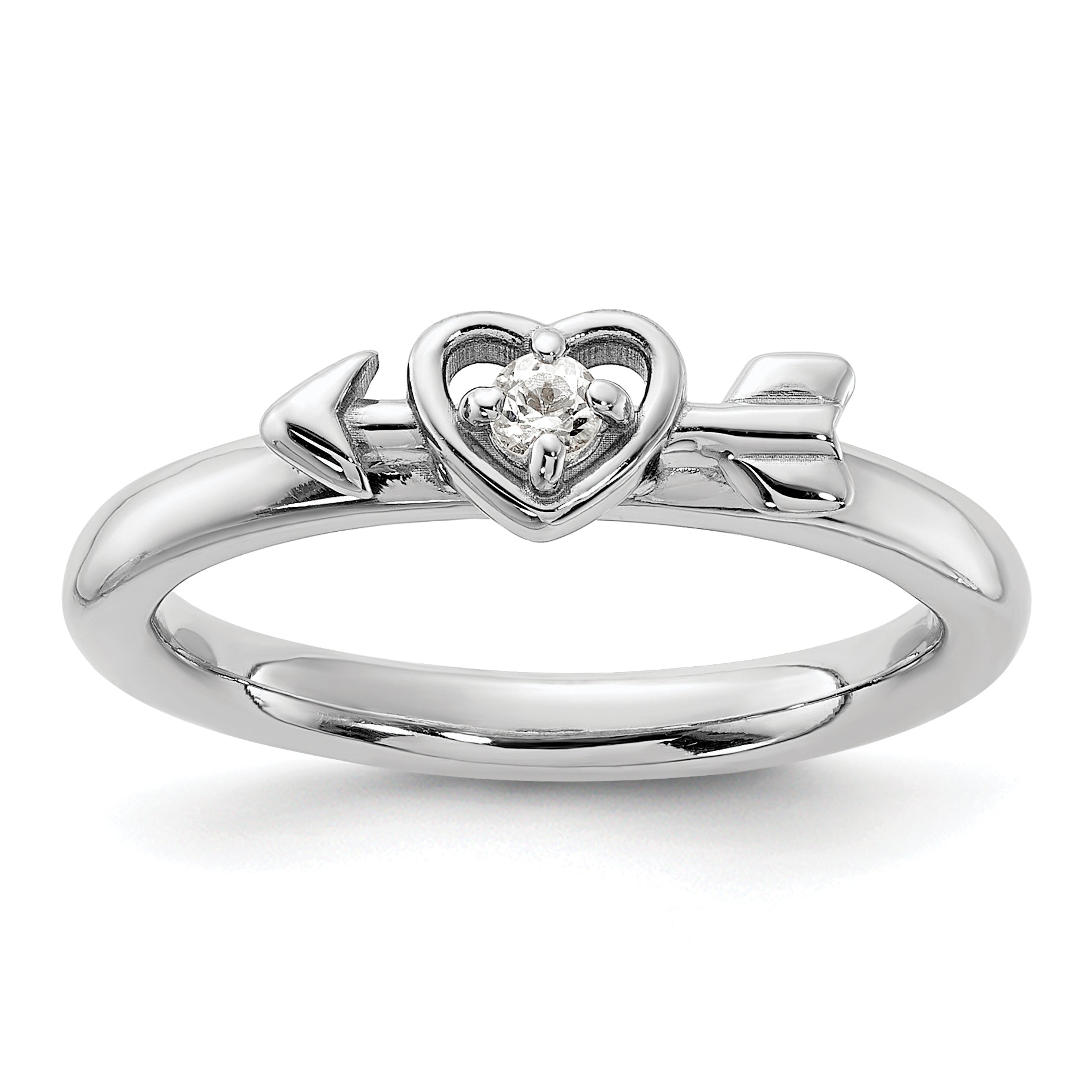 Sterling Silver Stackable Expressions Rhodium-plated White Topaz Heart with Arrow Ring