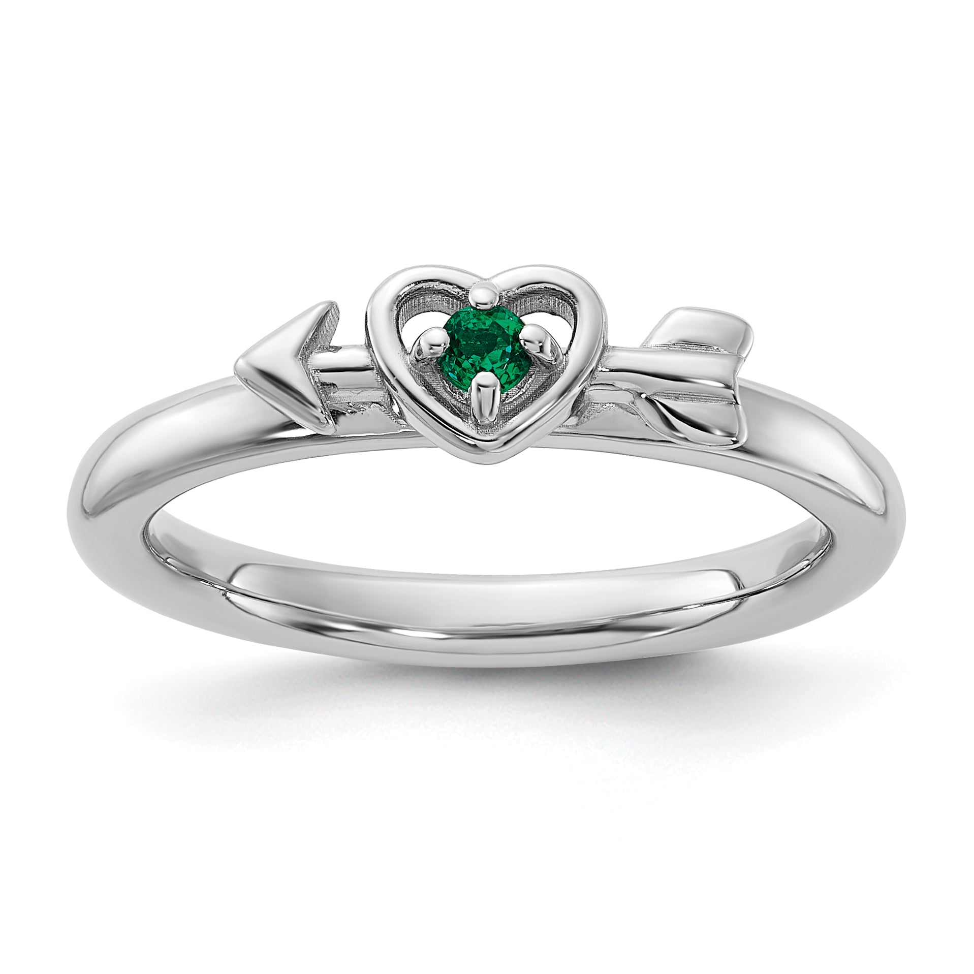 Sterling Silver Stackable Expressions Rhodium-plated Created Emerald Heart with Arrow Ring