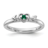 Sterling Silver Stackable Expressions Rhodium-plated Created Emerald Heart with Arrow Ring