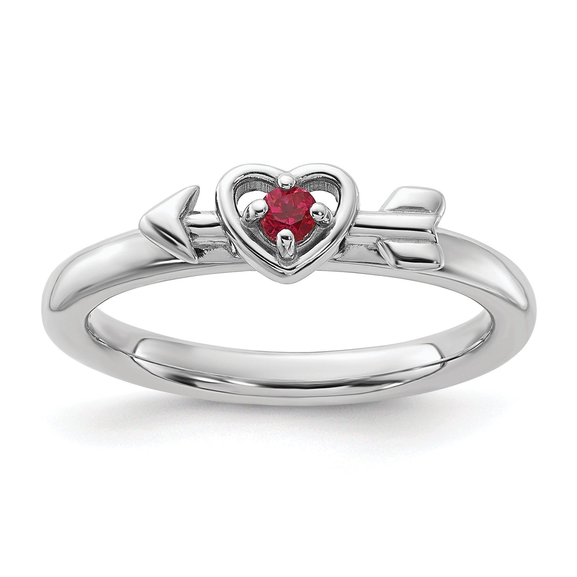 Sterling Silver Stackable Expressions Rhodium-plated Created Ruby Heart with Arrow Ring