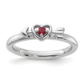 Sterling Silver Stackable Expressions Rhodium-plated Created Ruby Heart with Arrow Ring