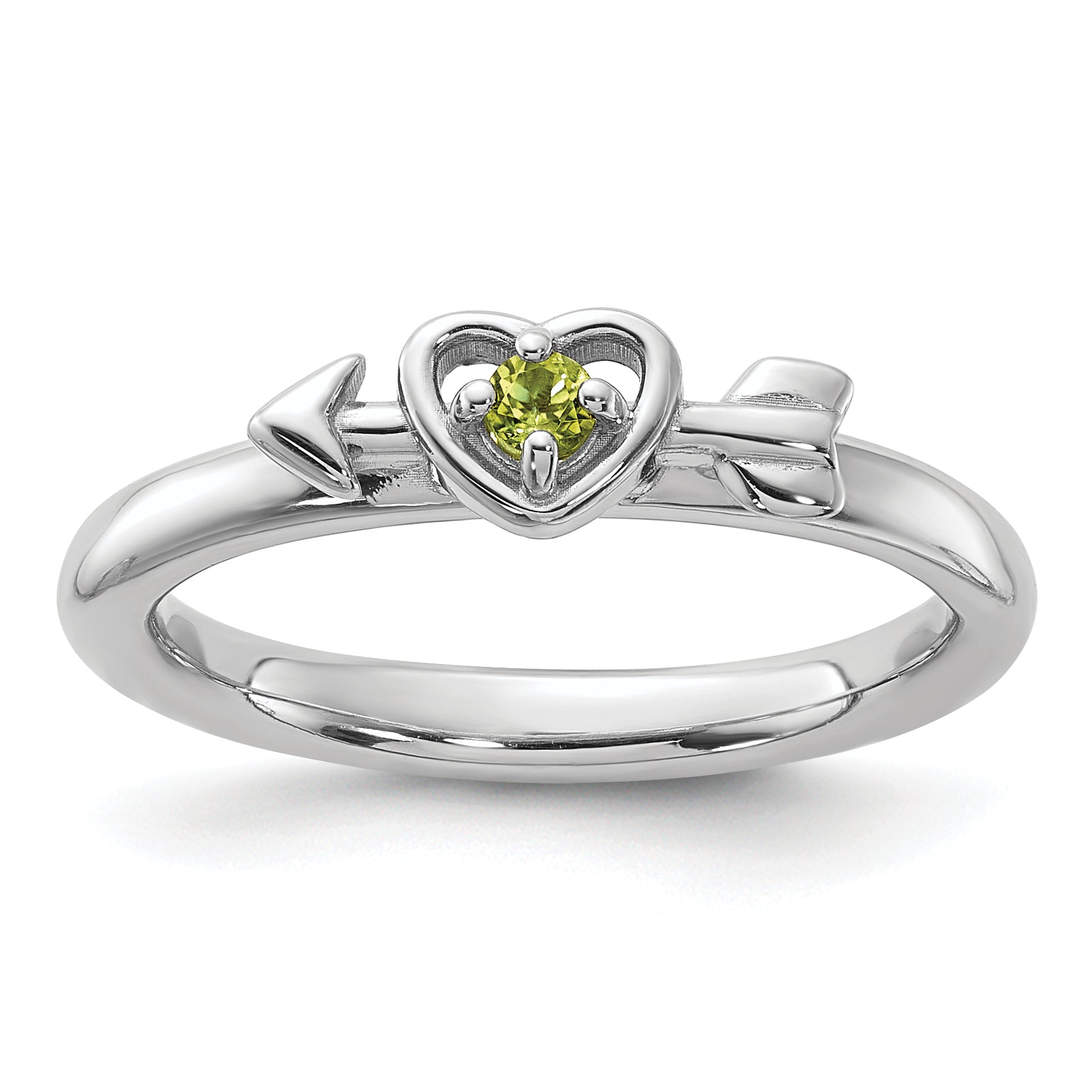 Sterling Silver Stackable Expressions Rhodium-plated Peridot Heart with Arrow Ring