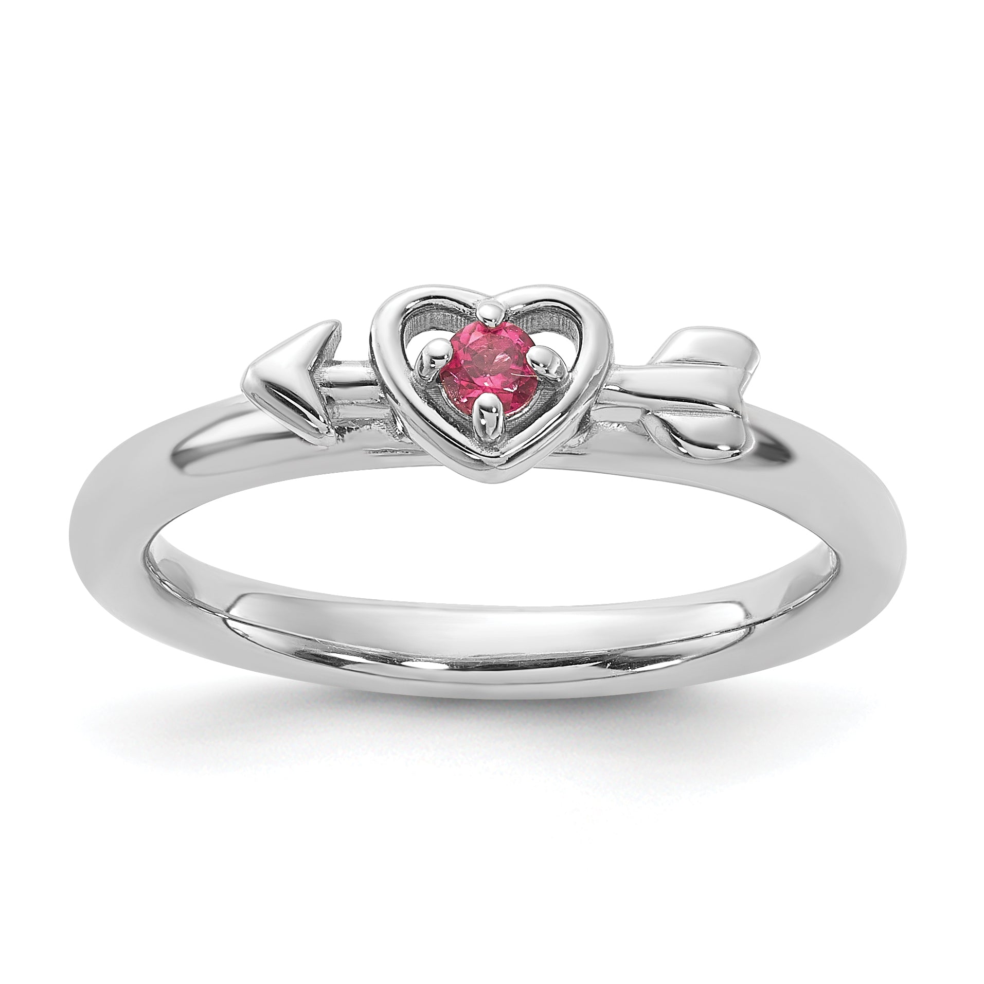Sterling Silver Stackable Expressions Rhodium-plated Pink Tourmaline Heart with Arrow Ring