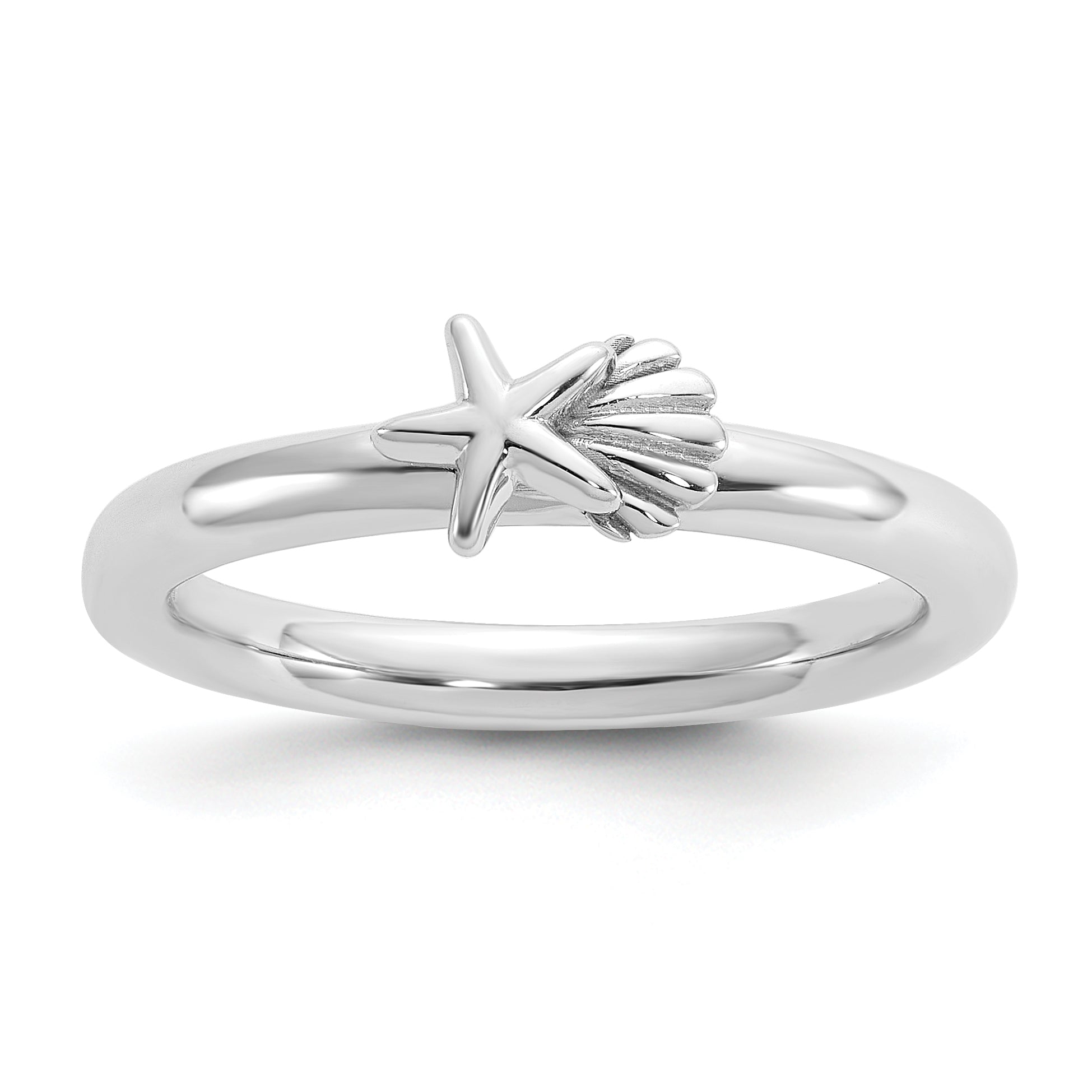 Sterling Silver Stackable Expressions Rh-plated Starfish and Shell Ring