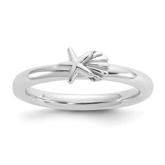 Sterling Silver Stackable Expressions Rh-plated Starfish and Shell Ring