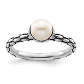 Sterling Silver Stack Exp. Polished Patterned White FW Cultured Pearl Ring