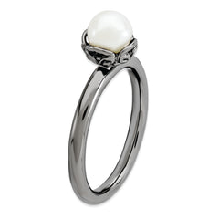 Sterling Silver Stack Exp. White FW Cultured Pearl Black-plate Ring