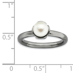 Sterling Silver Stack Exp. White FW Cultured Pearl Black-plate Ring