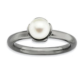 Sterling Silver Stack Exp. White FW Cultured Pearl Black-plate Ring