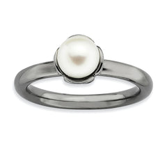 Sterling Silver Stack Exp. White FW Cultured Pearl Black-plate Ring