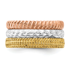 Sterling Silver Stackable Expressions Gold-tone & Rose-tone Textured Pattern 3 Ring Set