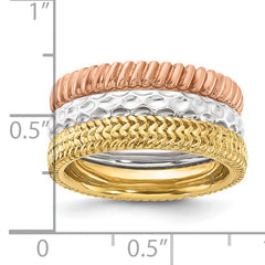 Sterling Silver Stackable Expressions Gold-tone & Rose-tone Textured Pattern 3 Ring Set