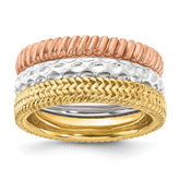 Sterling Silver Stackable Expressions Gold-tone & Rose-tone Textured Pattern 3 Ring Set