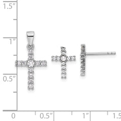 Sterling Silver Rhodium-plated CZ Cross Post Earrings and Pendant Set