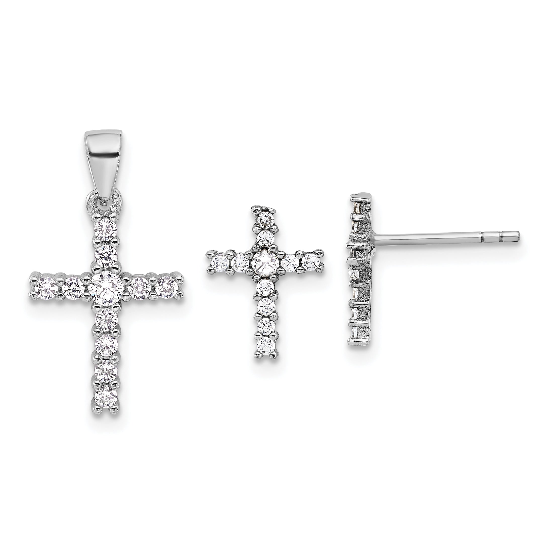 Sterling Silver Rhodium-plated CZ Cross Post Earrings and Pendant Set