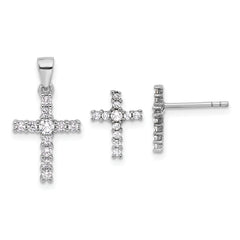Sterling Silver Rhodium-plated CZ Cross Post Earrings and Pendant Set
