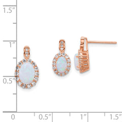 Sterling Silver Rose-tone Polished Lab Created Opal and CZ Oval Halo Post Earrings and Chain Slide Pendant Set
