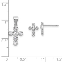 Sterling Silver Rhodium-plated Polished CZ Cross Post Earrings and Pendant Set