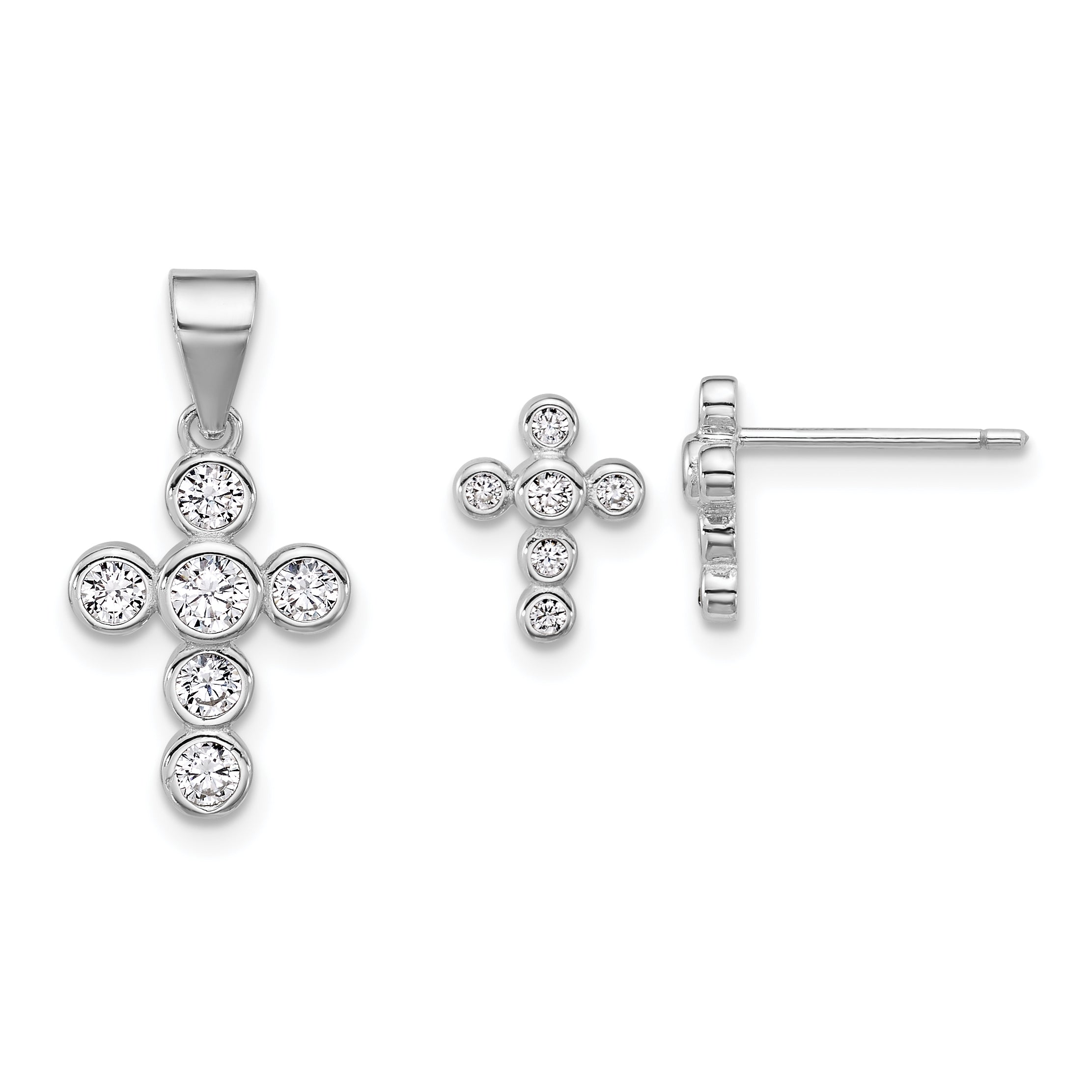 Sterling Silver Rhodium-plated Polished CZ Cross Post Earrings and Pendant Set