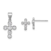 Sterling Silver Rhodium-plated Polished CZ Cross Post Earrings and Pendant Set