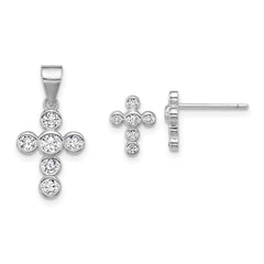 Sterling Silver Rhodium-plated Polished CZ Cross Post Earrings and Pendant Set