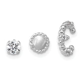 Sterling Silver Rhodium-plated Textured CZ Stud/Circle/Ear Cuff Set of 3 Single Earrings Set