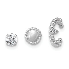 Sterling Silver Rhodium-plated Textured CZ Stud/Circle/Ear Cuff Set of 3 Single Earrings Set
