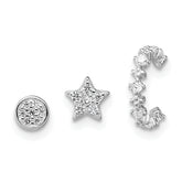 Sterling Silver Rhodium-plated Polished CZ Star/Circle/Ear Cuff Set of 3 Single Earrings Set