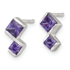 Sterling Silver Polished Square Purple CZ Pendant and Post Earring Set
